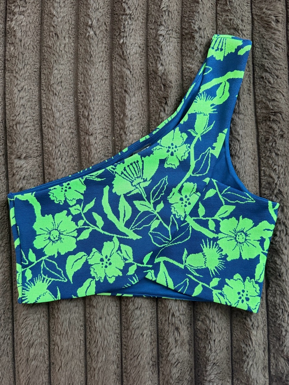 One-Shoulder Floral Bikini Top in Neon Green and Deep Blue
